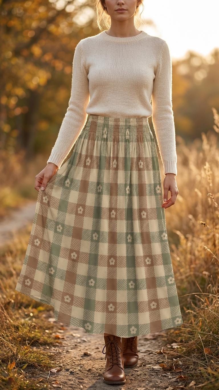 Beige Red Green Checks with Daisies High Waist Maxi Skirt, Vintage Inspired Boho Long Skirt