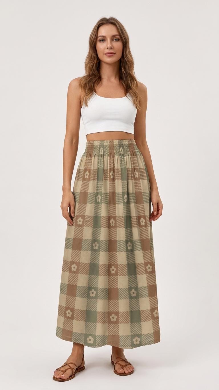 Beige Red Green Checks with Daisies High Waist Maxi Skirt, Vintage Inspired Boho Long Skirt