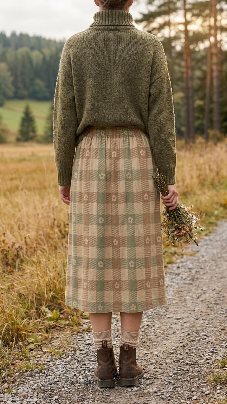 Beige Red Green Checks with Daisies High Waist Maxi Skirt, Vintage Inspired Boho Long Skirt