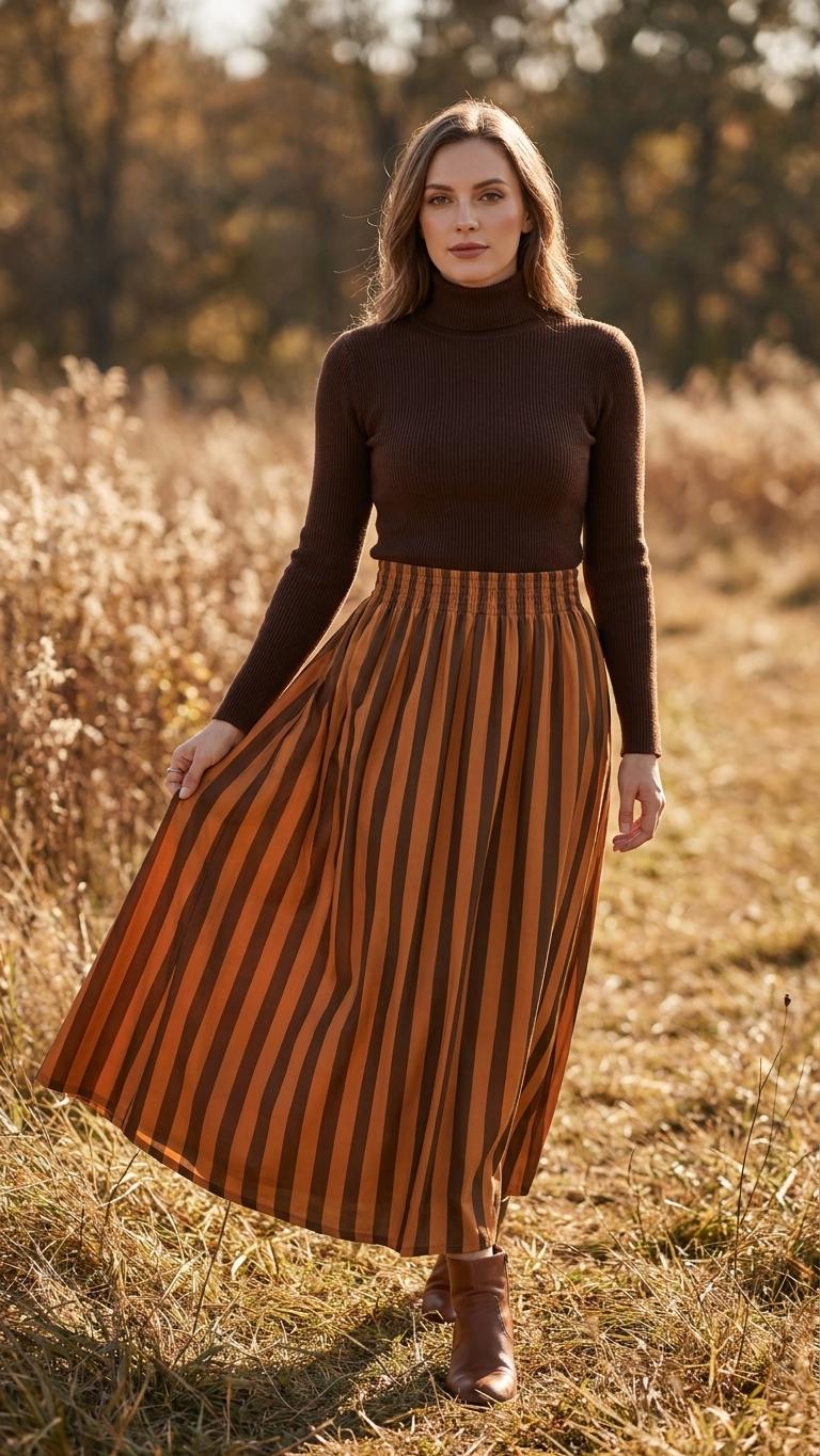 Retro Orange & Brown Striped High Waist Maxi Skirt, Vintage Inspired Boho Long Skirt
