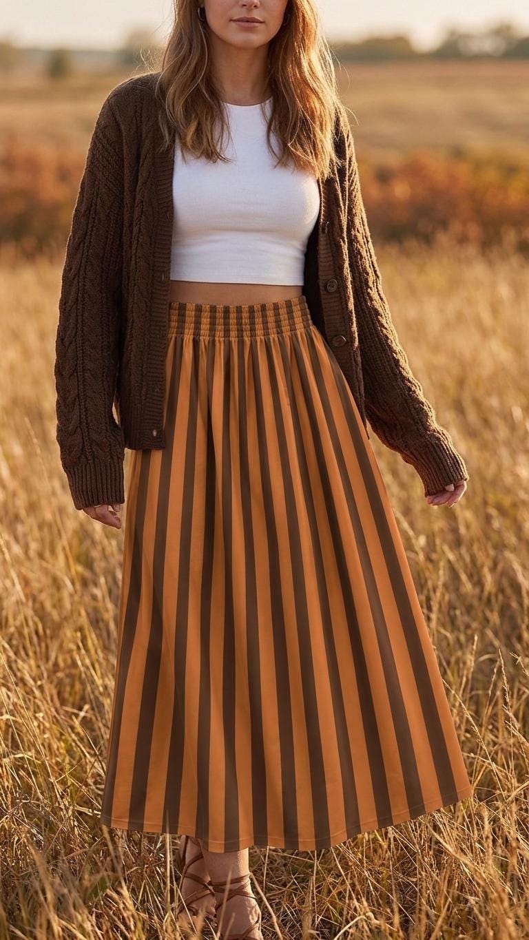 Retro Orange & Brown Striped High Waist Maxi Skirt, Vintage Inspired Boho Long Skirt