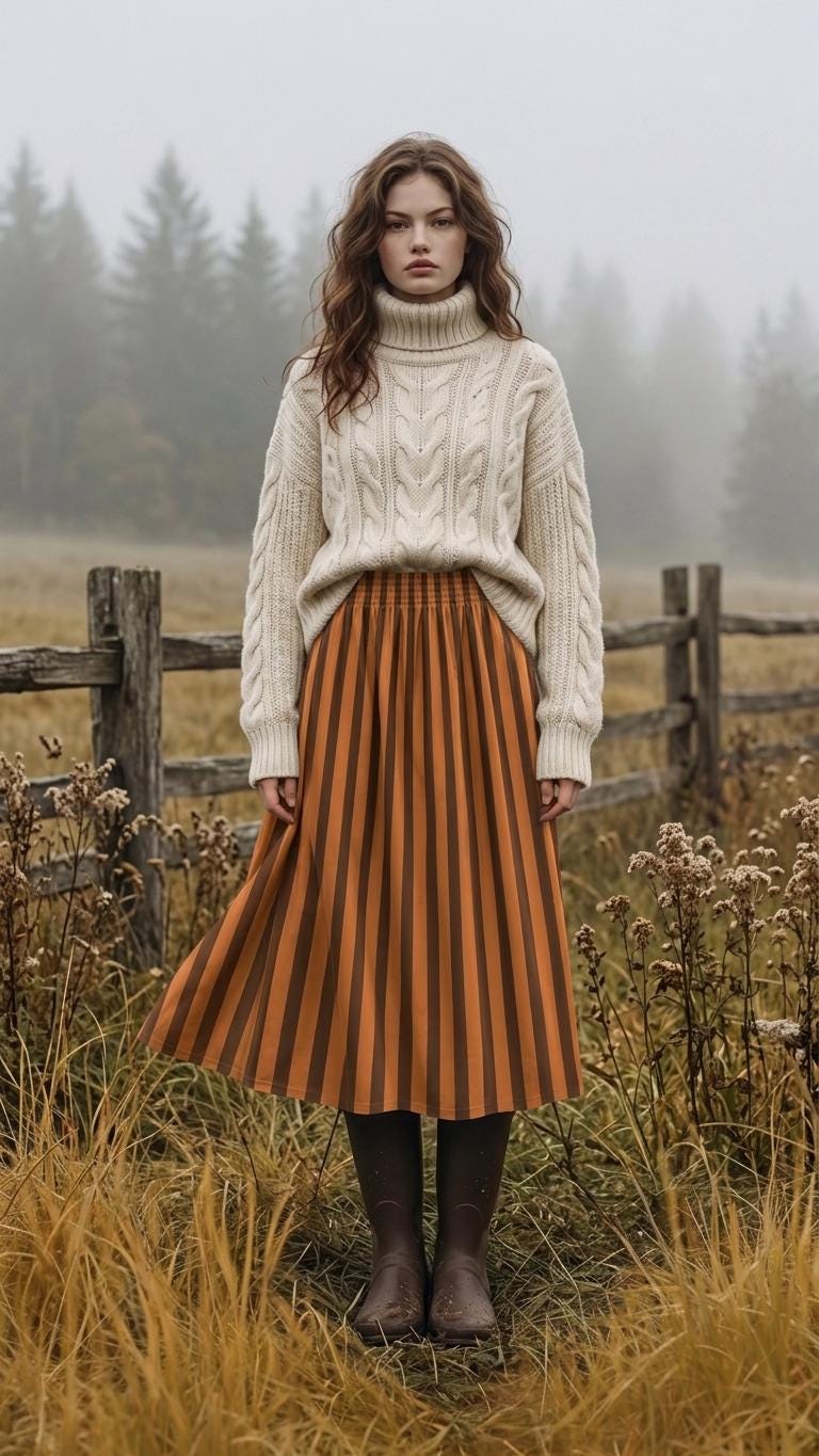Retro Orange & Brown Striped High Waist Maxi Skirt, Vintage Inspired Boho Long Skirt