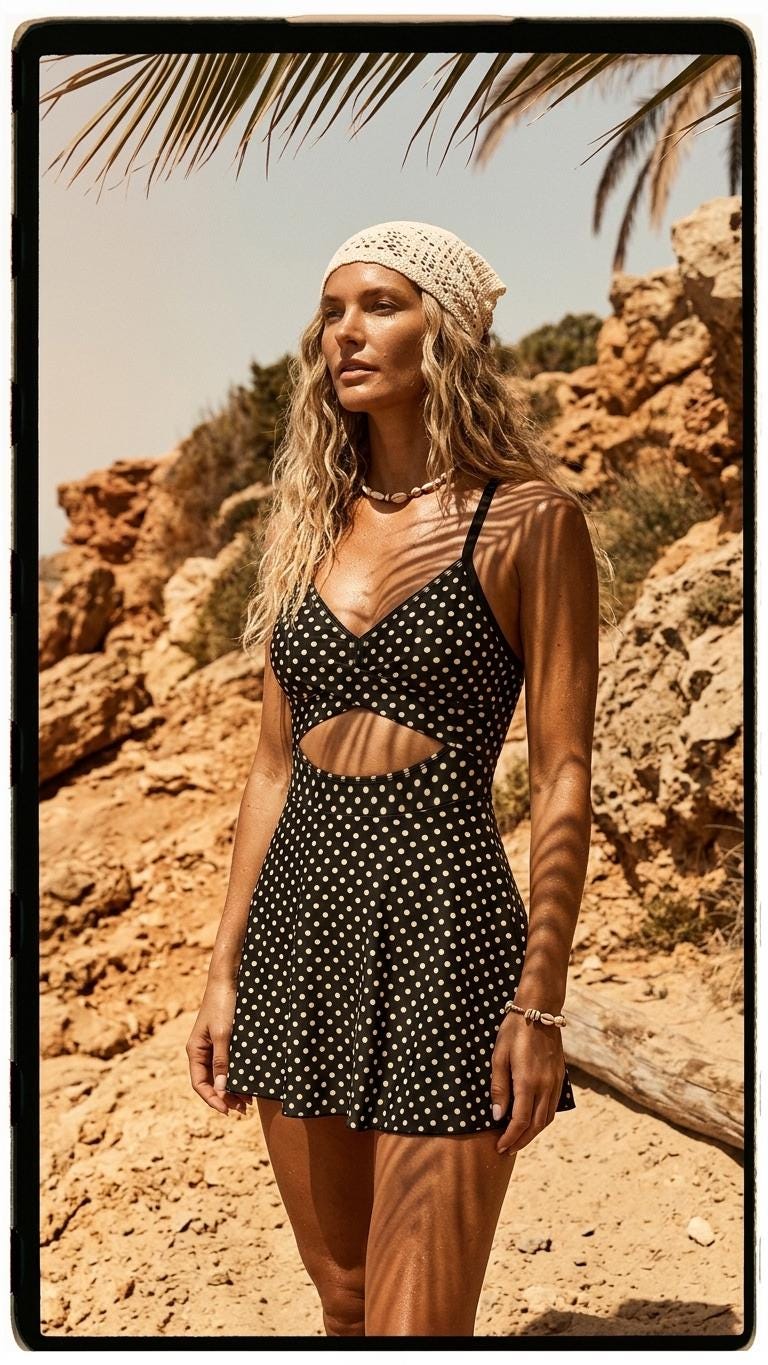 May include: A black one-piece swimsuit with a white polka dot pattern, featuring a cutout at the midriff, a V-neckline, and a flared skirt bottom. The garment is accessorised with a cream-coloured crocheted headscarf and a shell necklace.