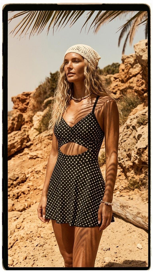 May include: A black one-piece swimsuit with a white polka dot pattern, featuring a cutout at the midriff, a V-neckline, and a flared skirt bottom. The garment is accessorised with a cream-coloured crocheted headscarf and a shell necklace.