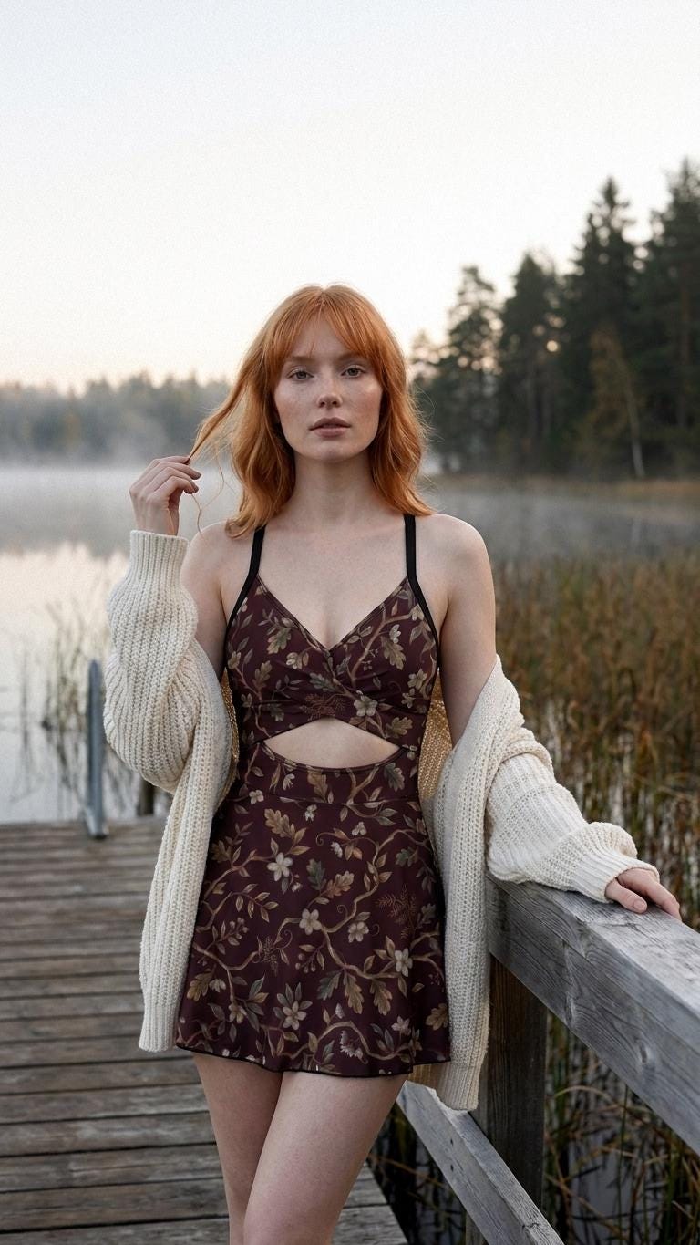 May include: A dark brown floral print romper with a cutout at the waist, thin black shoulder straps, and a flared skirt bottom, worn with a cream-coloured chunky knit cardigan featuring long sleeves and a ribbed texture throughout the garment.