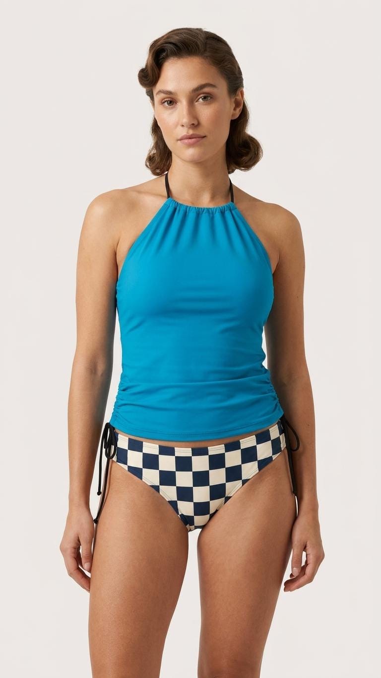 Retro Halter Tankini Swimsuit – Two-Piece Drawstring Halter Bathing Suit – Navy Checks with Electric Blue