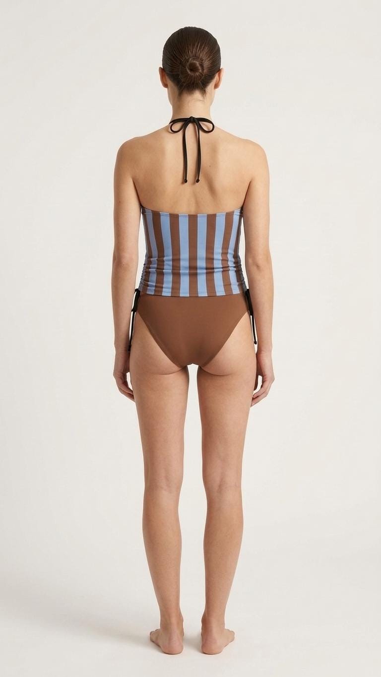 Retro Halter Tankini Swimsuit – Two-Piece Drawstring Halter Bathing Suit – Brown Striped with Blue