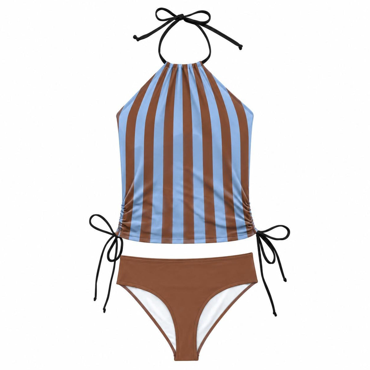 Retro Halter Tankini Swimsuit – Two-Piece Drawstring Halter Bathing Suit – Brown Striped with Blue