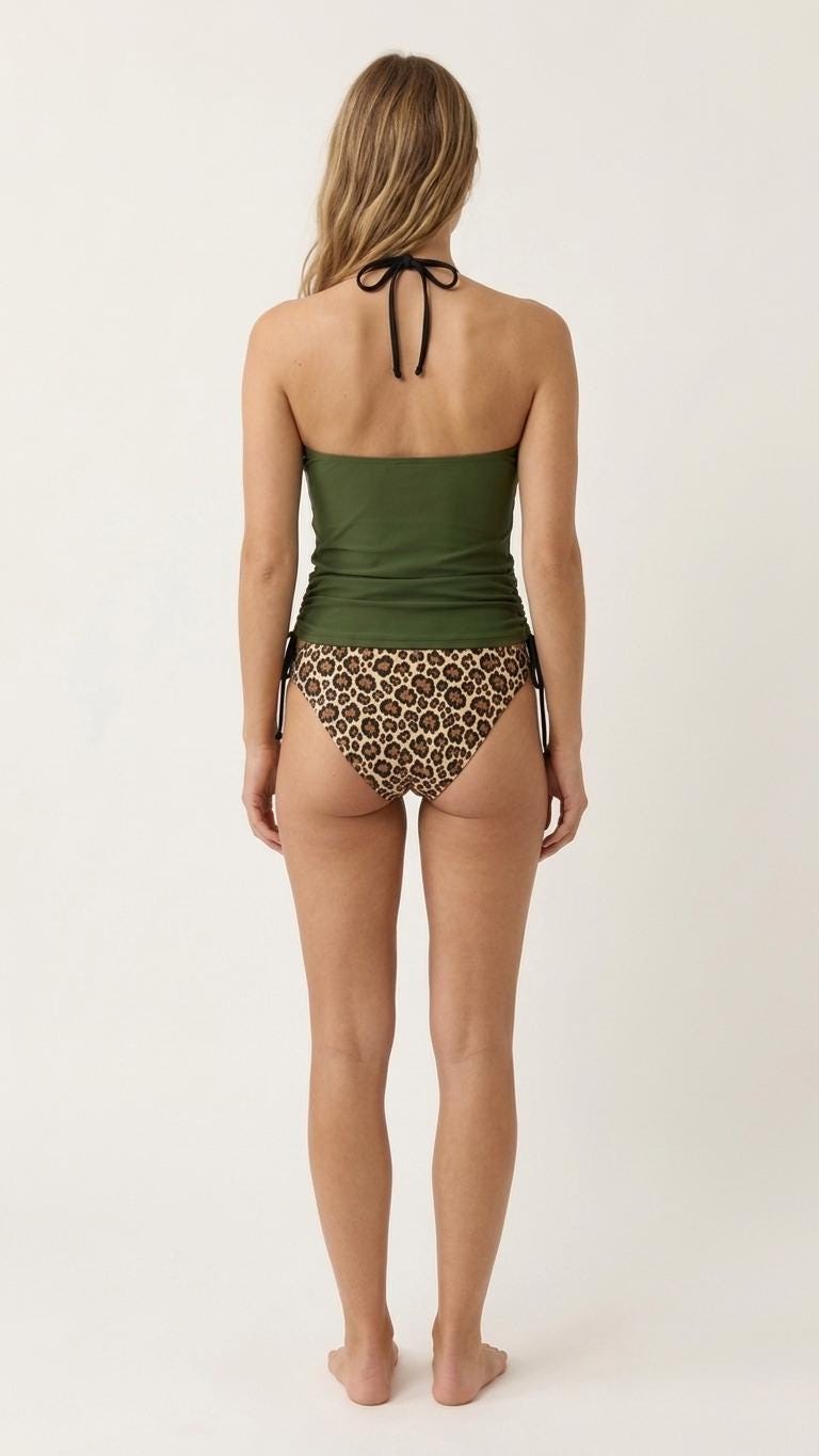 Retro Halter Tankini Swimsuit – Two-Piece Drawstring Halter Bathing Suit – Y2K Green & Leopard