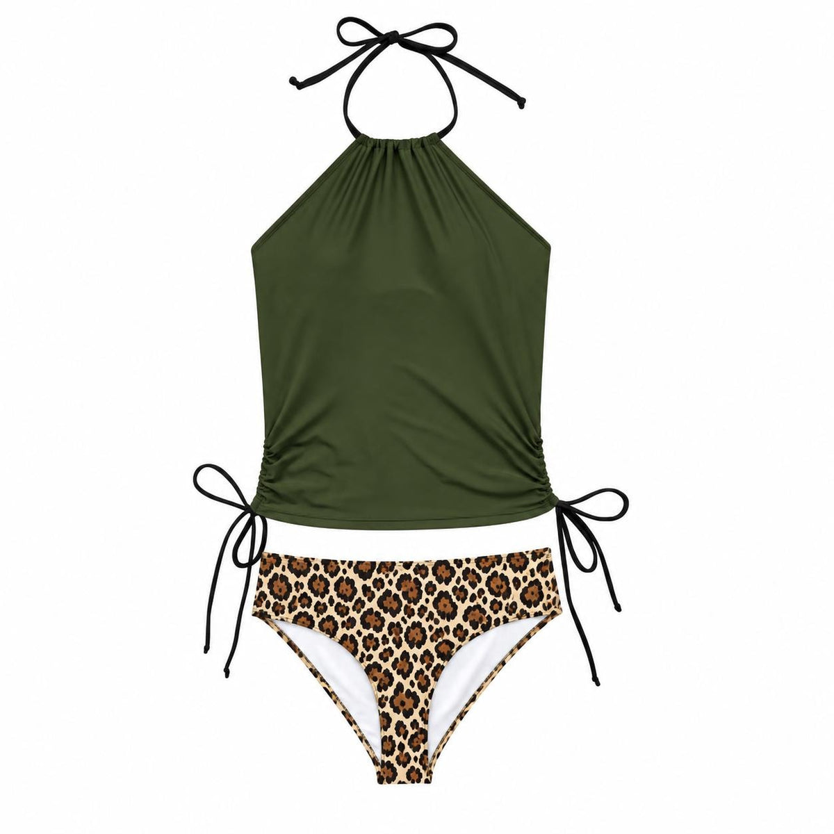 Retro Halter Tankini Swimsuit – Two-Piece Drawstring Halter Bathing Suit – Y2K Green & Leopard