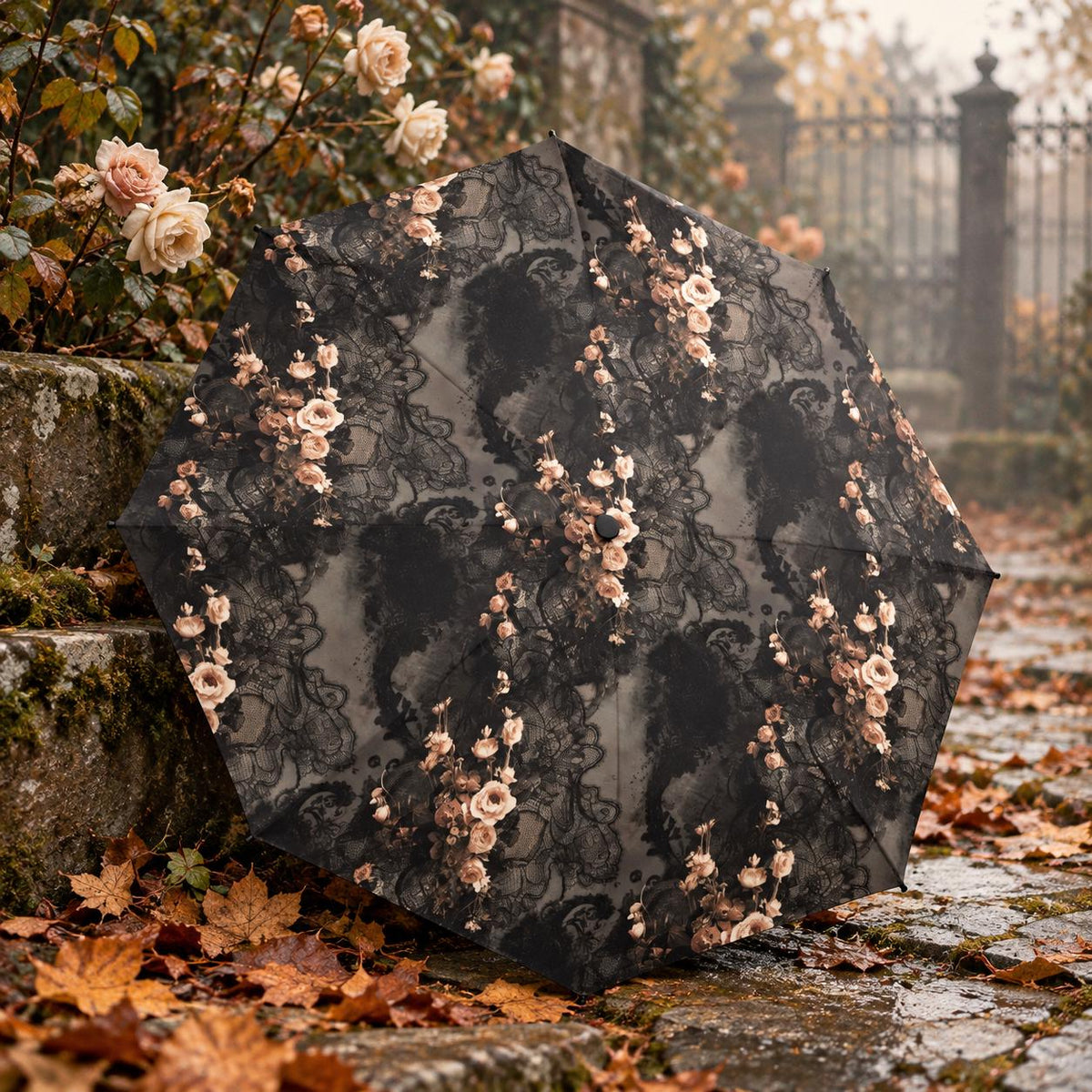 Retro Folding Umbrella, Compact Automatic Open-and-Close, Vintage Inspired Rain Accessory, Grunge Goth Lace & Roses