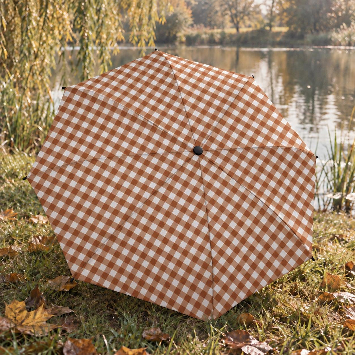 Retro Gingham Folding Umbrella, Automatic Open/Close, Compact Travel Accessory - Brown
