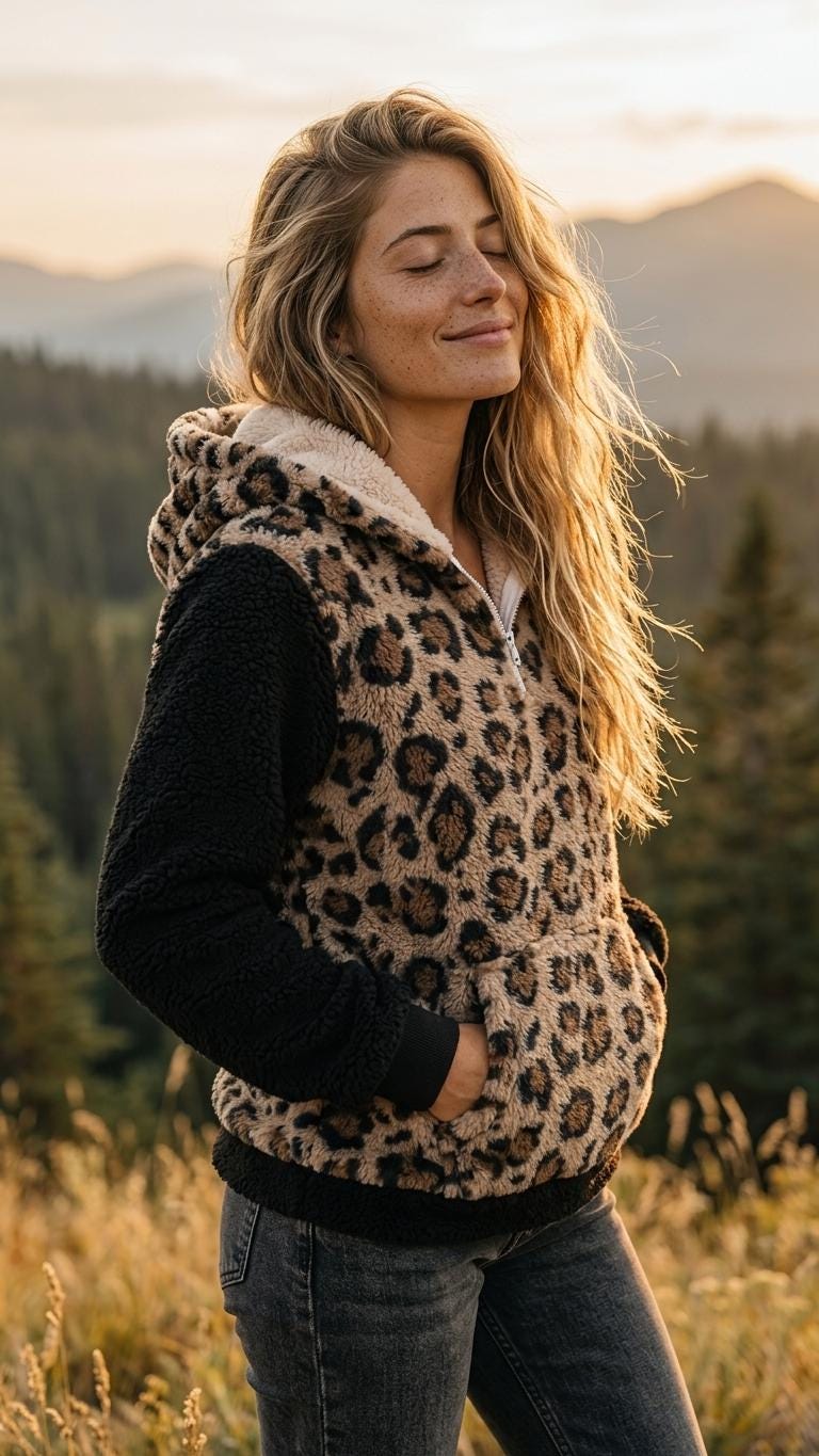 Women's Borg Fleece Hoodie, Half Zip Sherpa Pullover, Retro Patterned Fleece