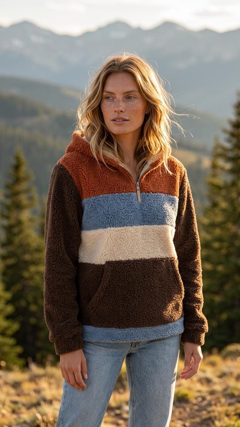 Borg Fleece Half-Zip Hoodie, Retro Color Block, Plush Teddy Sherpa Pullover