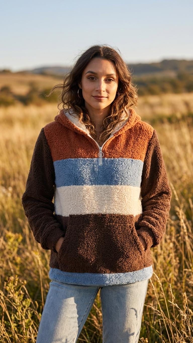 Borg Fleece Half-Zip Hoodie, Retro Color Block, Plush Teddy Sherpa Pullover