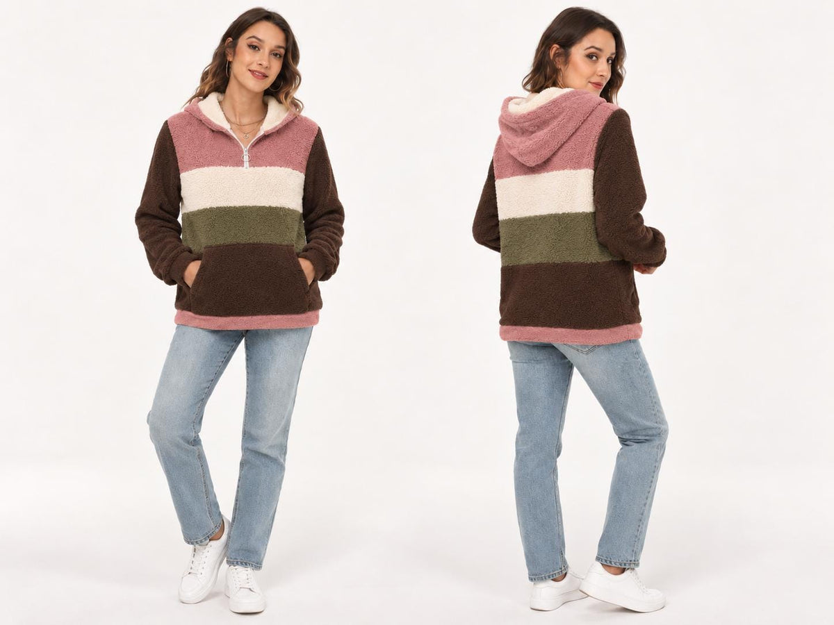 Borg Fleece Half-Zip Hoodie, Retro Color Block, Plush Teddy Sherpa Pullover - with Green
