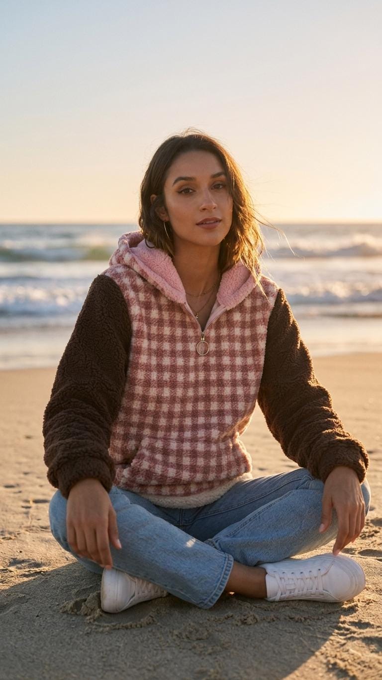 Borg Fleece Half-Zip Hoodie, Retro Gingham, Plush Teddy Sherpa Kangaroo Pocket Pullover - Red