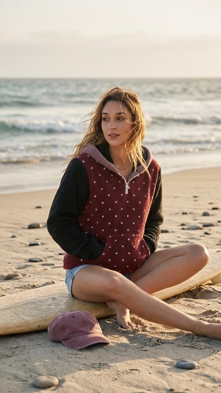 Borg Fleece Half-Zip Hoodie, Retro Polka-Dot, Plush Teddy Sherpa Beach Cover-Up - Black Sleeves