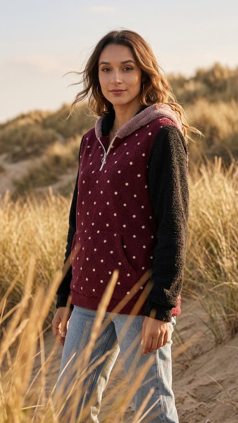 Borg Fleece Half-Zip Hoodie, Retro Polka-Dot, Plush Teddy Sherpa Beach Cover-Up - Black Sleeves