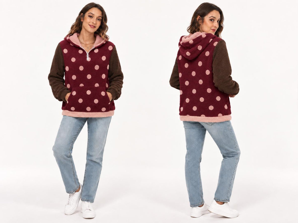 Borg Fleece Half-Zip Hoodie, Retro Polka-Dot, Plush Teddy Sherpa Beach Cover-Up