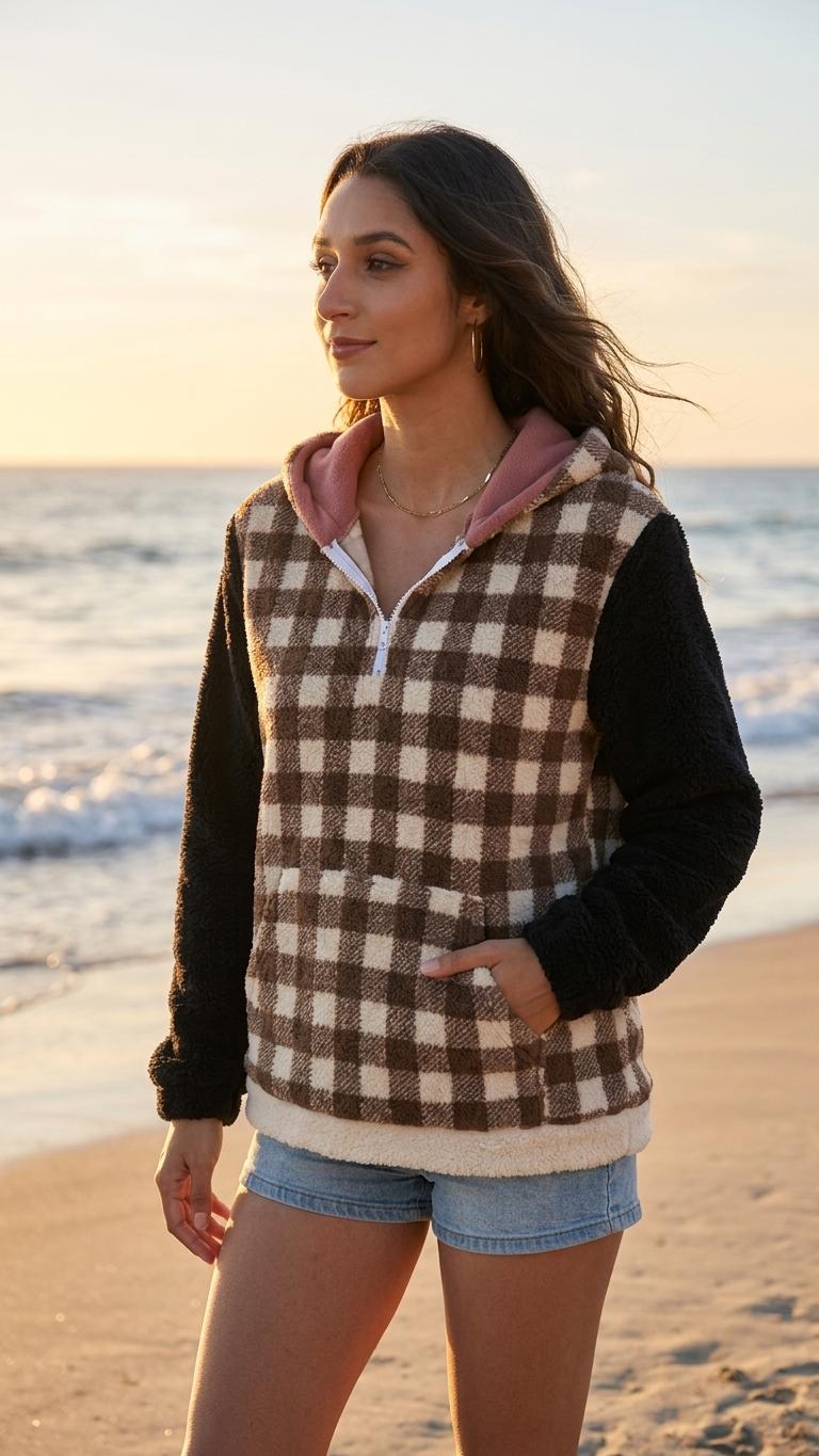Borg Fleece Half-Zip Hoodie, Retro Gingham, Plush Teddy Sherpa Kangaroo Pocket Pullover - Brown