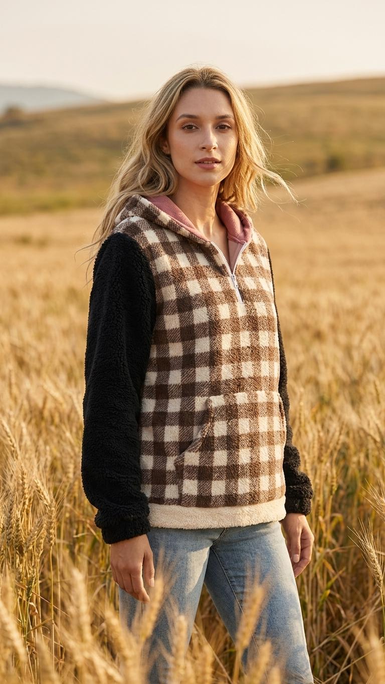 Borg Fleece Half-Zip Hoodie, Retro Gingham, Plush Teddy Sherpa Kangaroo Pocket Pullover - Brown