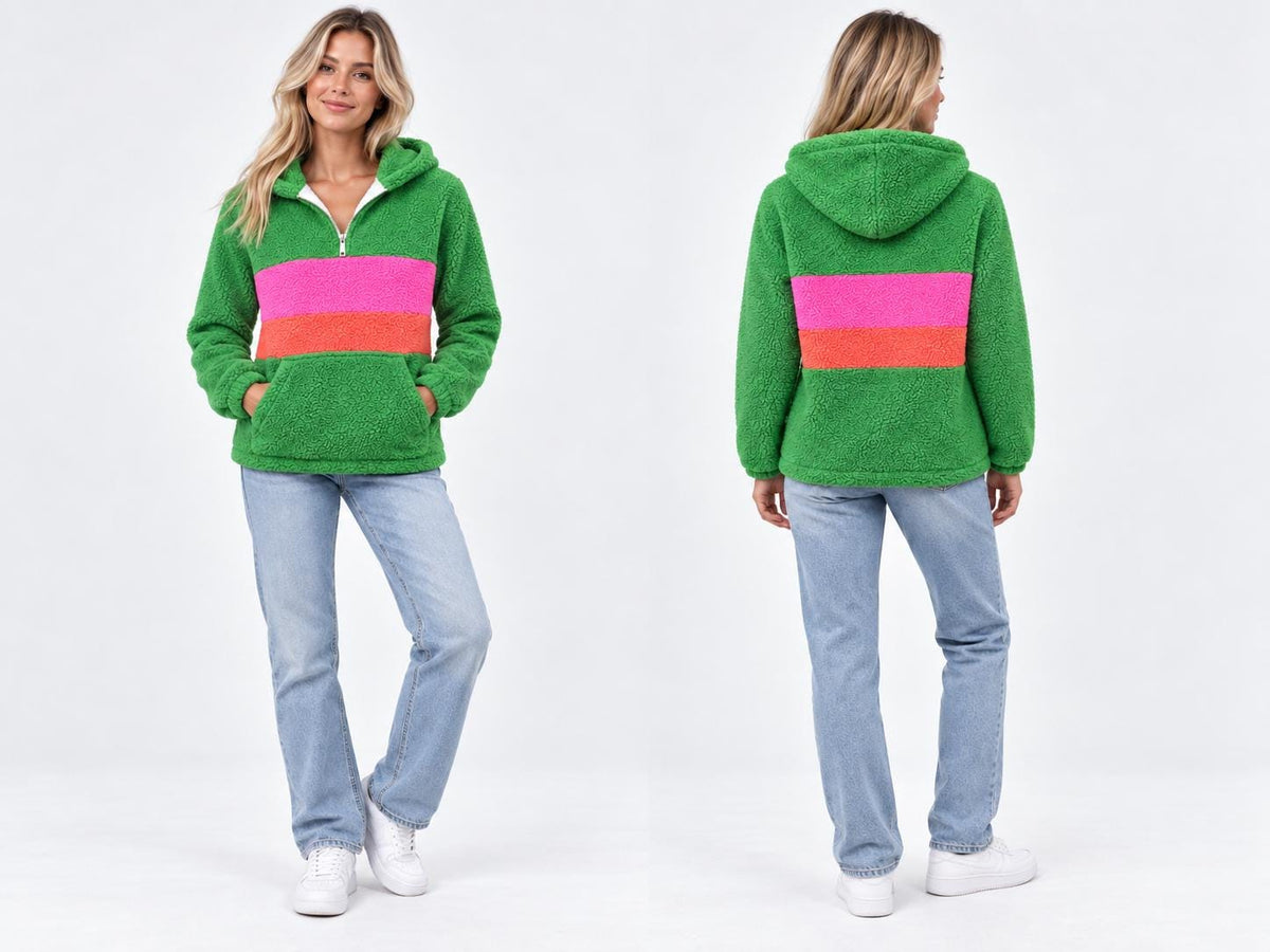 Retro Borg Fleece Half-Zip Hoodie, Plush Teddy Sherpa, 1970s Stripes (Green)