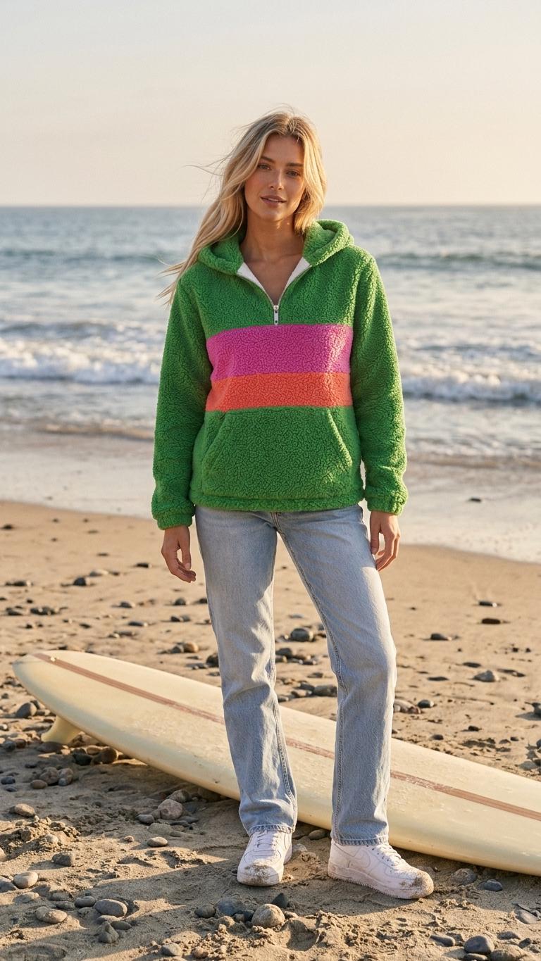 Retro Borg Fleece Half-Zip Hoodie, Plush Teddy Sherpa, 1970s Stripes (Green)