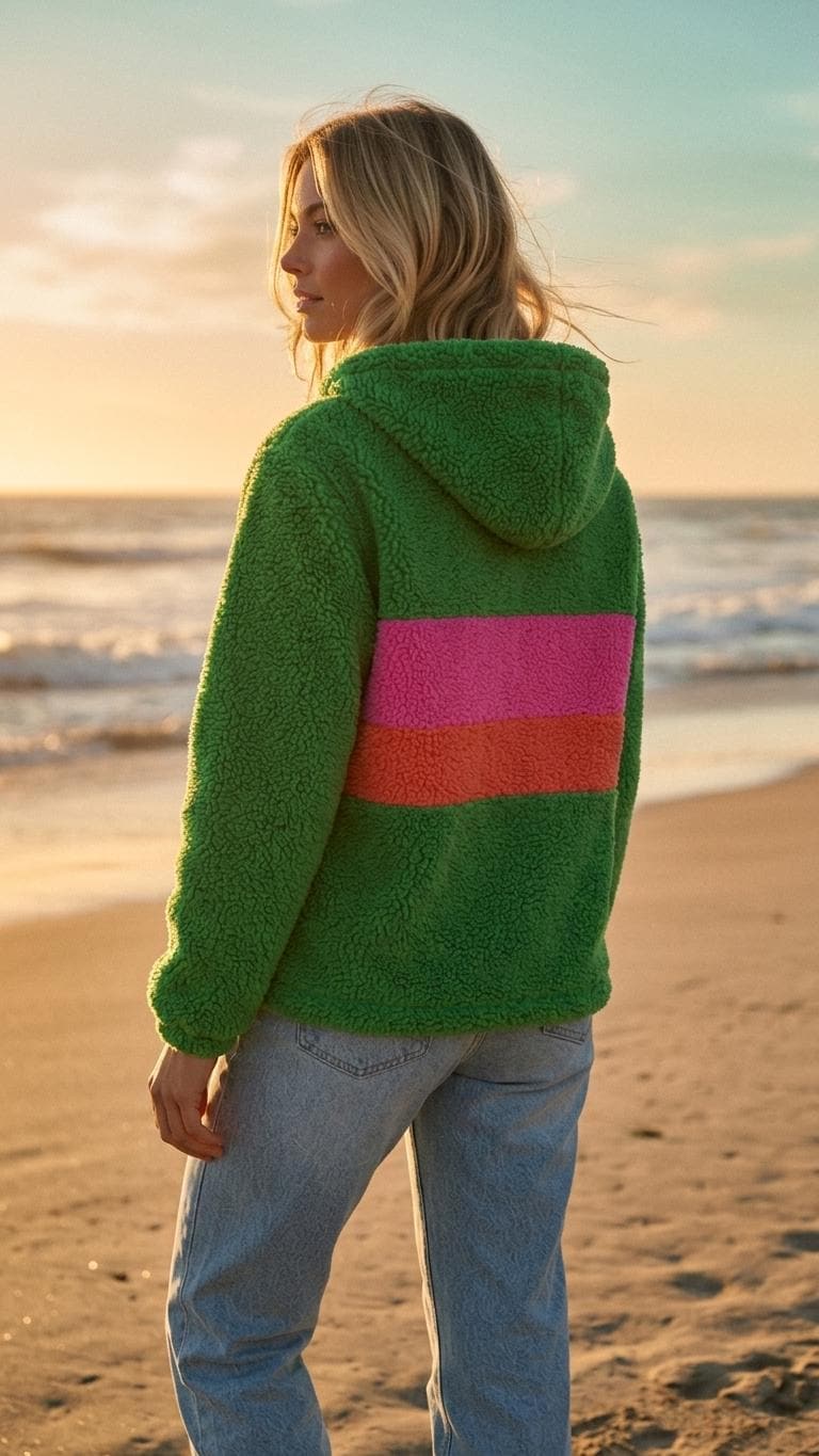 Retro Borg Fleece Half-Zip Hoodie, Plush Teddy Sherpa, 1970s Stripes (Green)