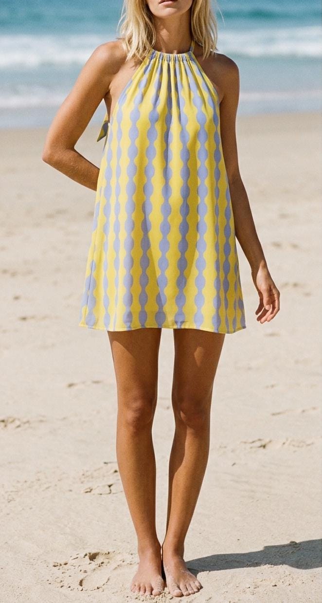 Retro Halter Beach Dress, Lightweight Rayon Summer Cover-Up Mini Dress - Mid Century Hourglass in Blue and Vanilla