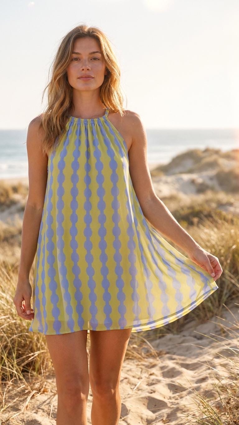 Retro Halter Beach Dress, Lightweight Rayon Summer Cover-Up Mini Dress - Mid Century Hourglass in Blue and Vanilla