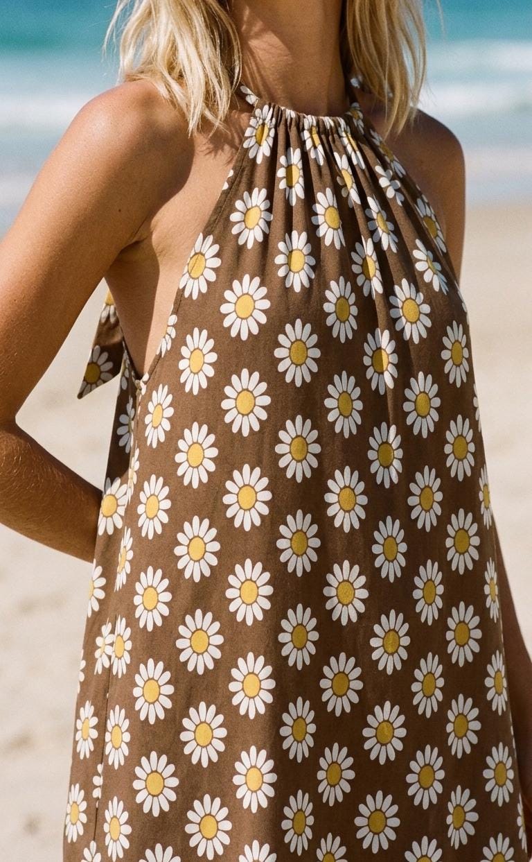 Retro Halter Beach Dress, Lightweight Rayon Summer Cover-Up Mini Dress - Vintage Florals