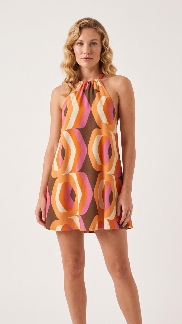 Retro Halter Beach Dress, Lightweight Rayon Summer Cover-Up Mini Dress - Mod Brown