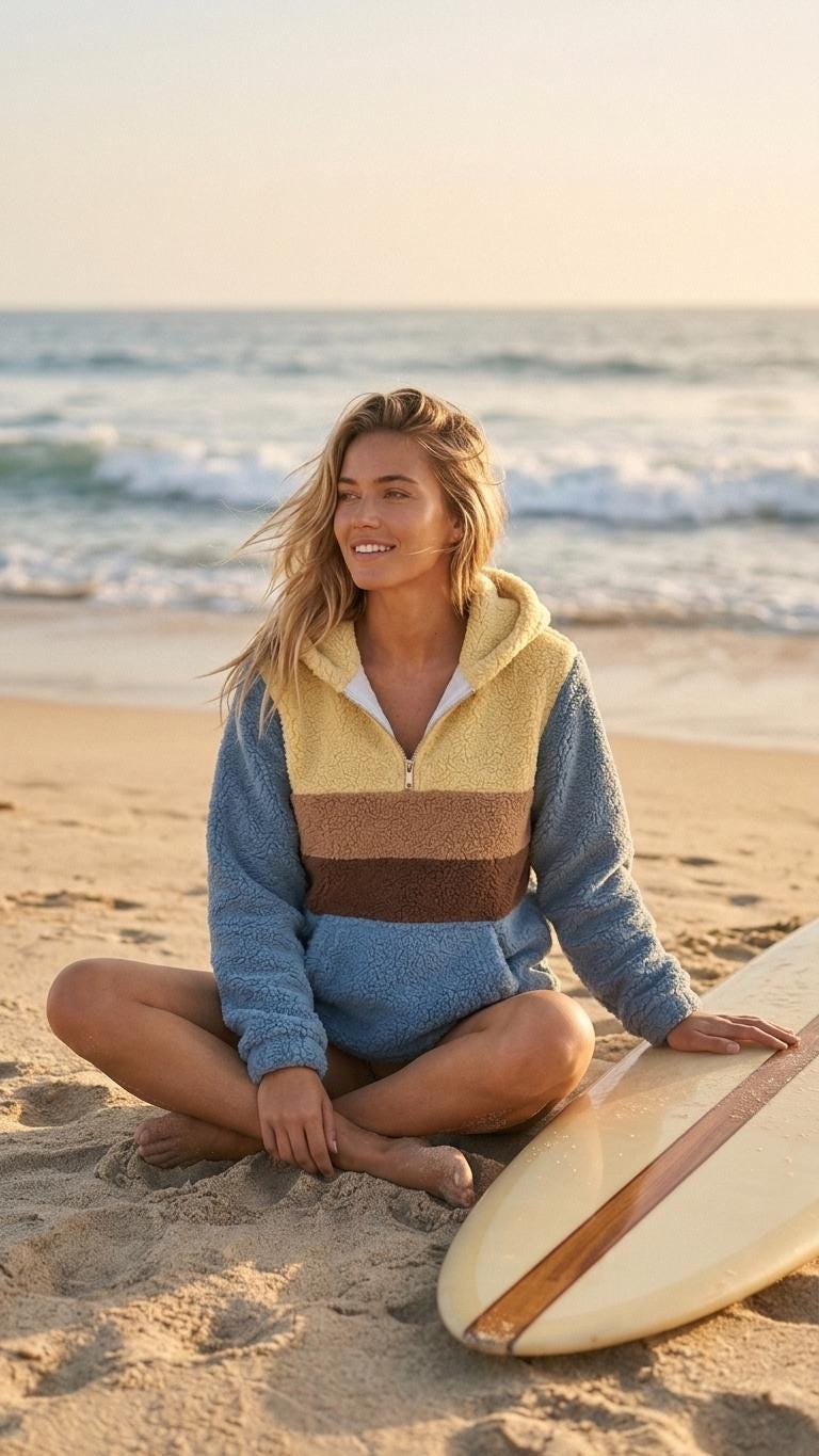Retro Borg Fleece Half-Zip Hoodie, Blue Colour Block Stripes, Plush Teddy Sherpa Pullover