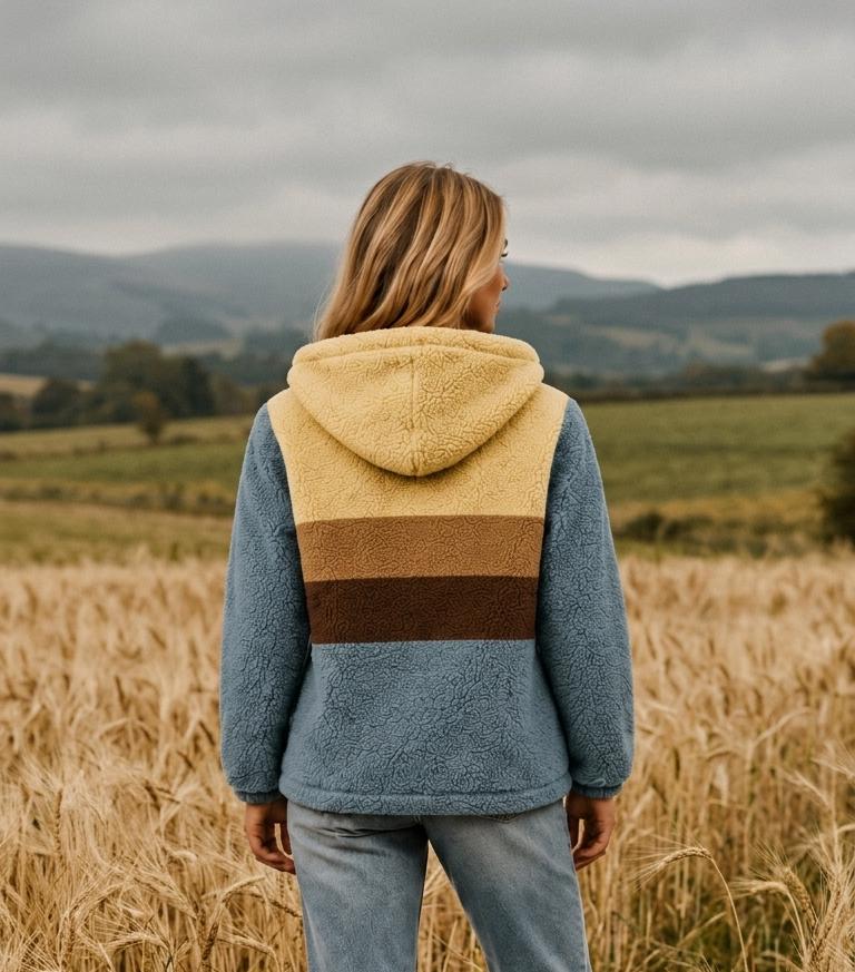 Retro Borg Fleece Half-Zip Hoodie, Blue Colour Block Stripes, Plush Teddy Sherpa Pullover
