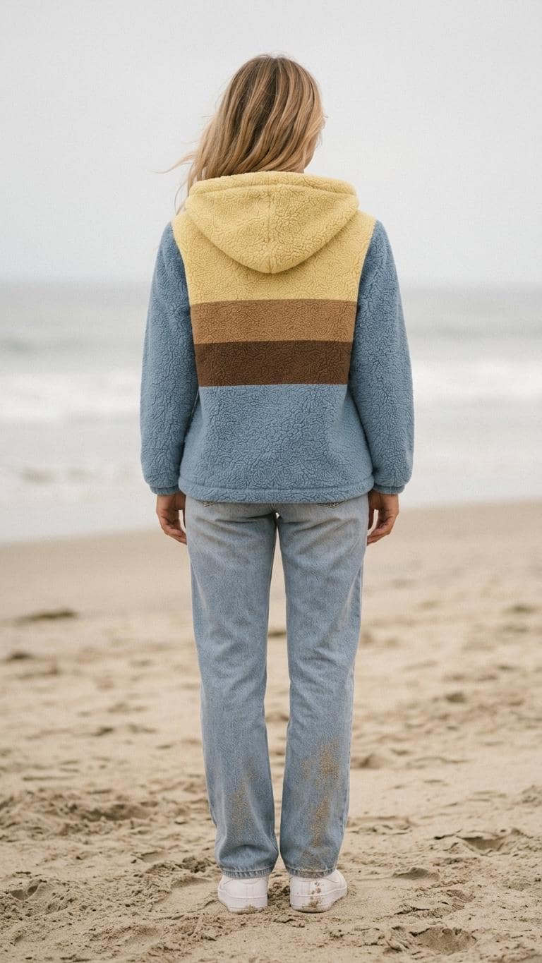 Retro Borg Fleece Half-Zip Hoodie, Blue Colour Block Stripes, Plush Teddy Sherpa Pullover