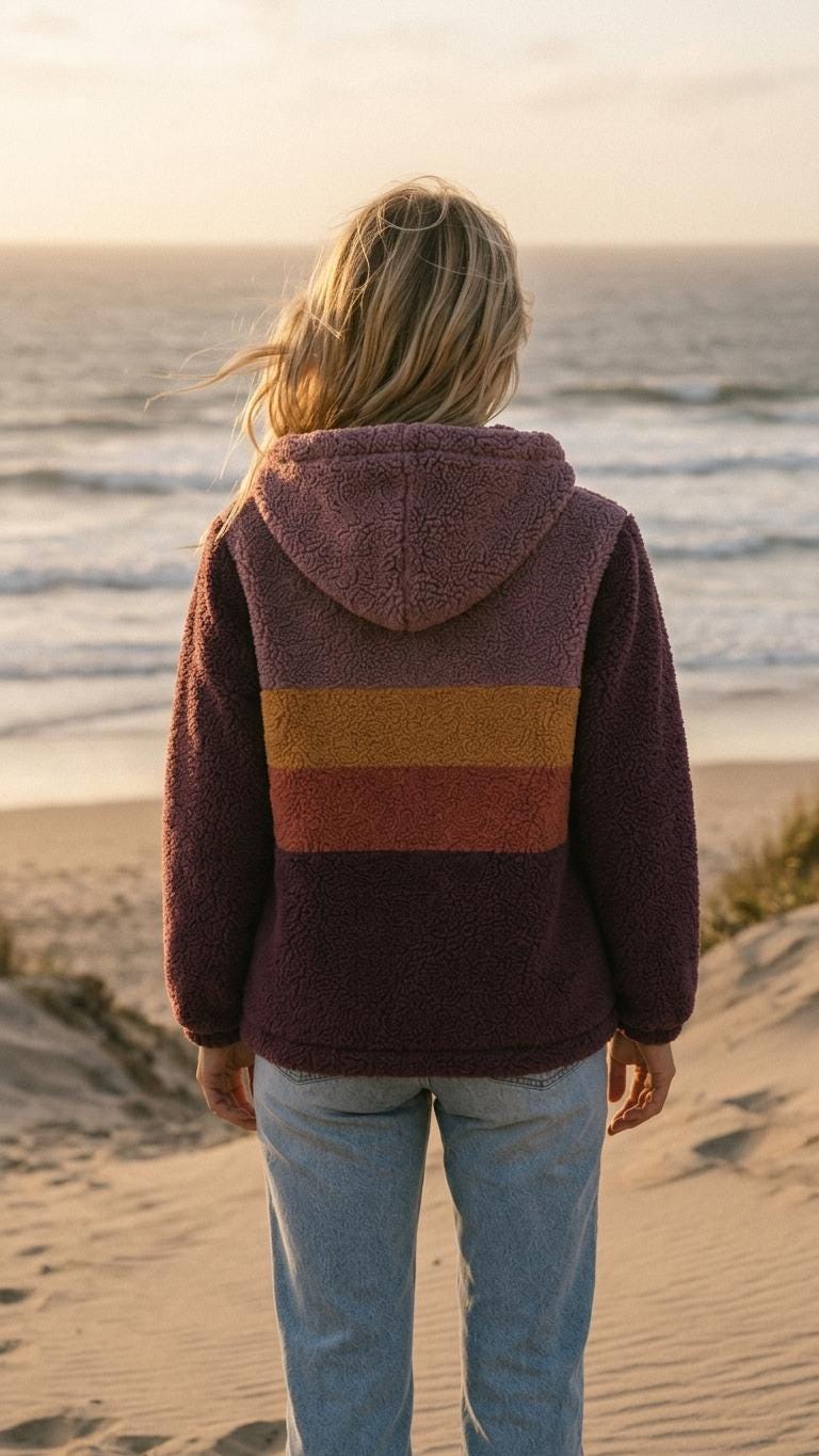 Retro Borg Fleece Half-Zip Hoodie, Purple with 1970s' Stripes, Plush Teddy Sherpa Pullover