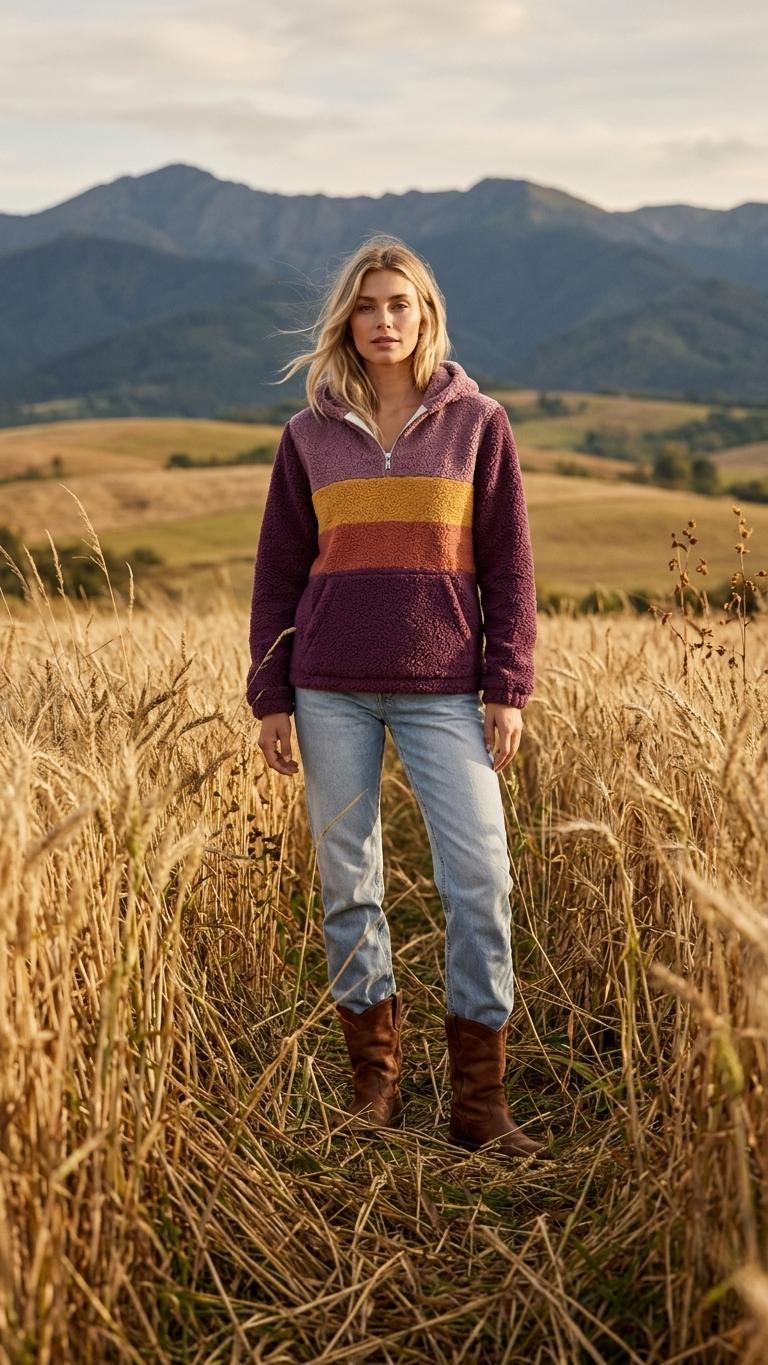 Retro Borg Fleece Half-Zip Hoodie, Purple with 1970s' Stripes, Plush Teddy Sherpa Pullover