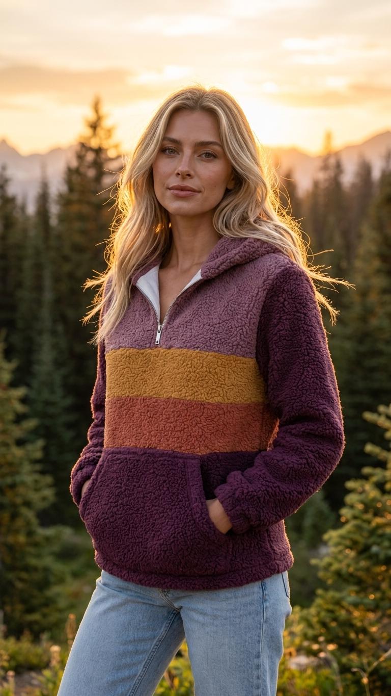 Retro Borg Fleece Half-Zip Hoodie, Purple with 1970s' Stripes, Plush Teddy Sherpa Pullover