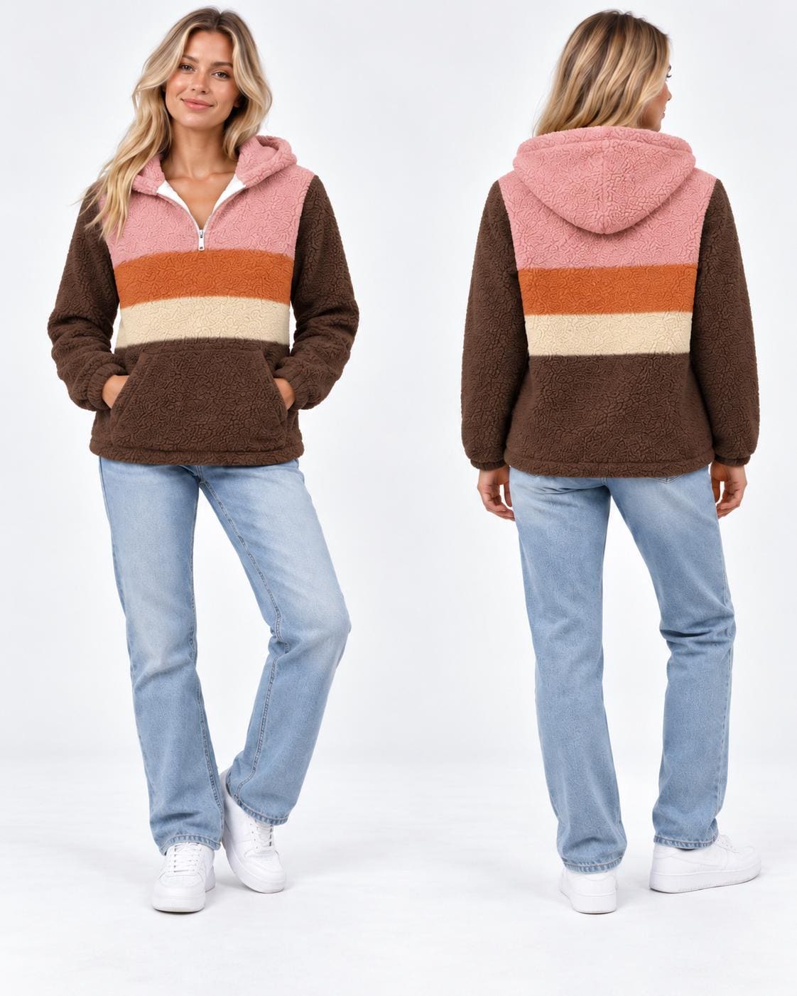 Retro Borg Fleece Half-Zip Hoodie, Brown with 1970s' Stripes, Plush Teddy Sherpa Pullover
