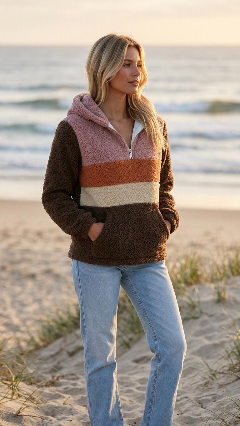 Retro Borg Fleece Half-Zip Hoodie, Brown with 1970s' Stripes, Plush Teddy Sherpa Pullover