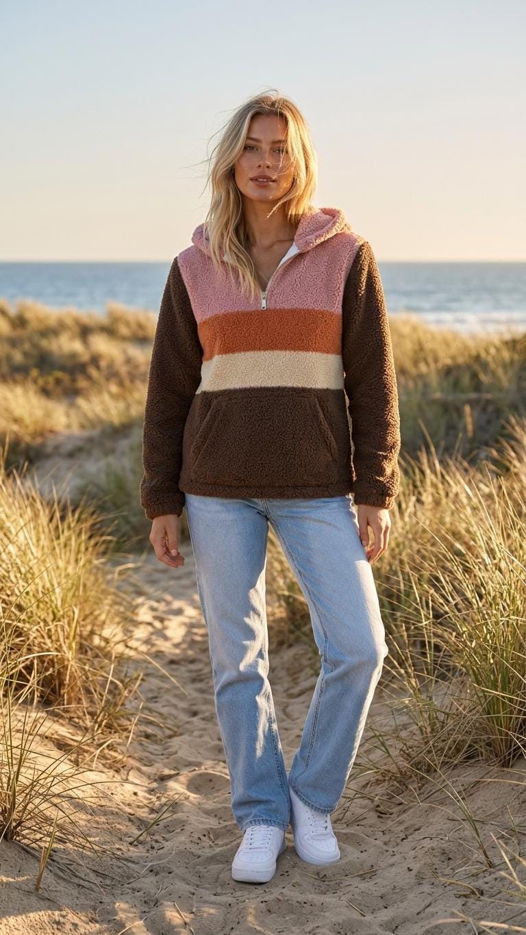 Retro Borg Fleece Half-Zip Hoodie, Brown with 1970s' Stripes, Plush Teddy Sherpa Pullover