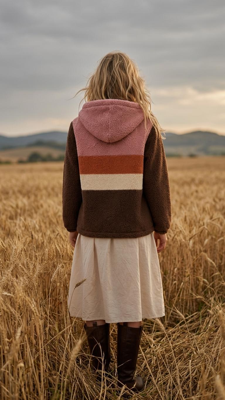 Retro Borg Fleece Half-Zip Hoodie, Brown with 1970s' Stripes, Plush Teddy Sherpa Pullover