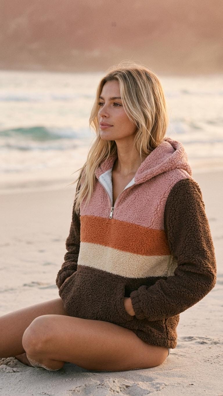 Retro Borg Fleece Half-Zip Hoodie, Brown with 1970s' Stripes, Plush Teddy Sherpa Pullover