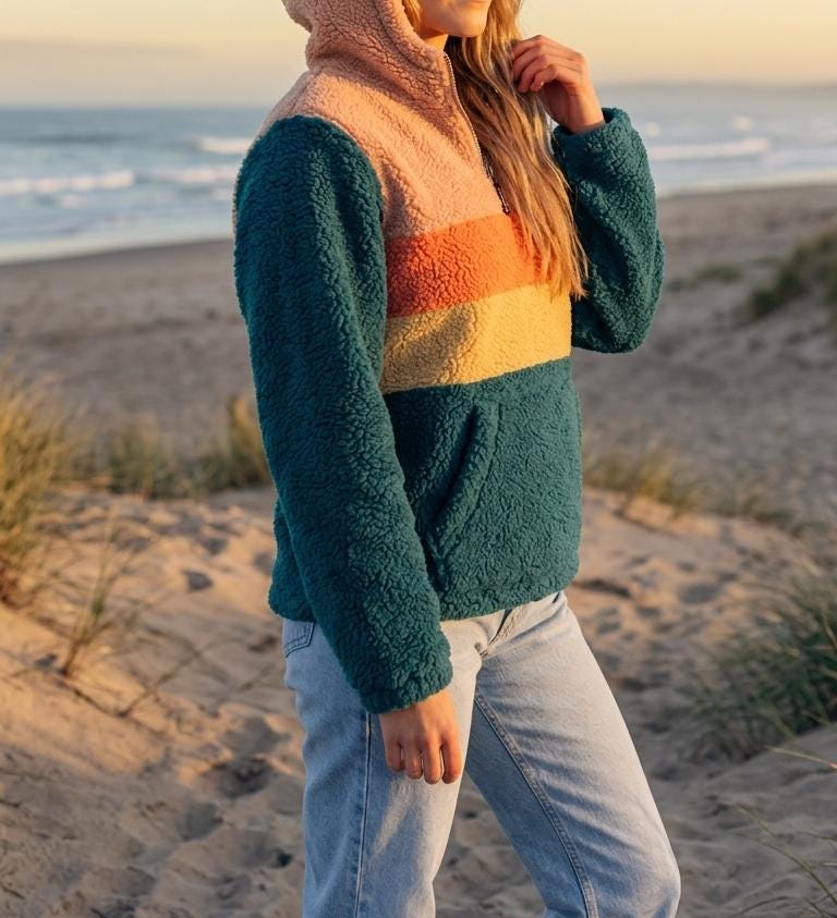 Retro Borg Fleece Half-Zip Hoodie, Teal with 1970s' Stripes, Plush Teddy Sherpa Pullover