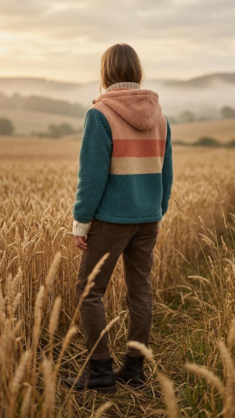 Retro Borg Fleece Half-Zip Hoodie, Teal with 1970s' Stripes, Plush Teddy Sherpa Pullover