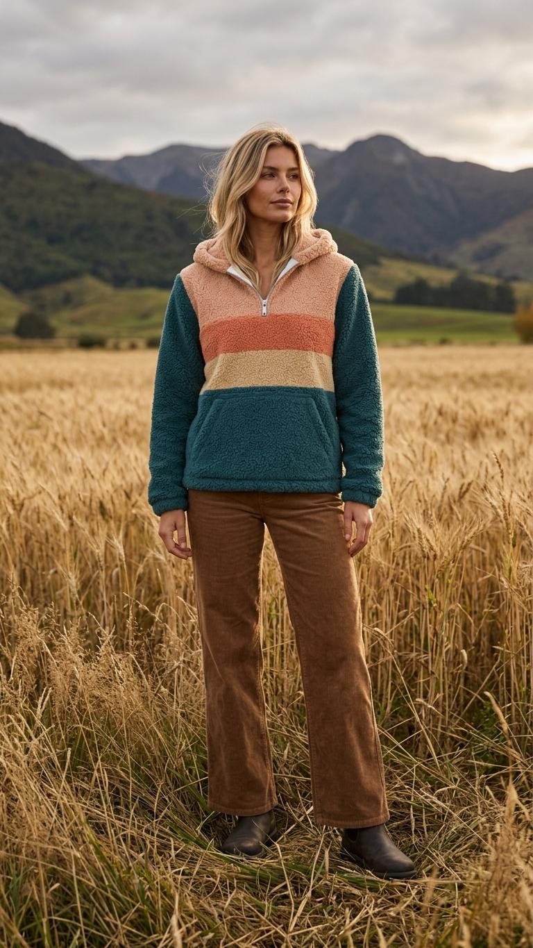 Retro Borg Fleece Half-Zip Hoodie, Teal with 1970s' Stripes, Plush Teddy Sherpa Pullover