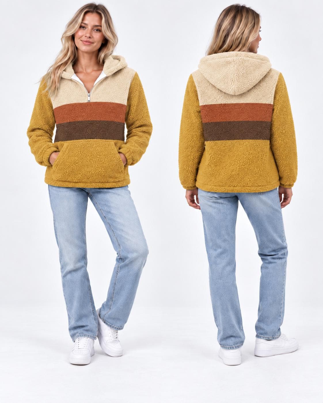 Retro Borg Fleece Half-Zip Hoodie, Mustard with 1970s' Stripes, Plush Teddy Sherpa Pullover