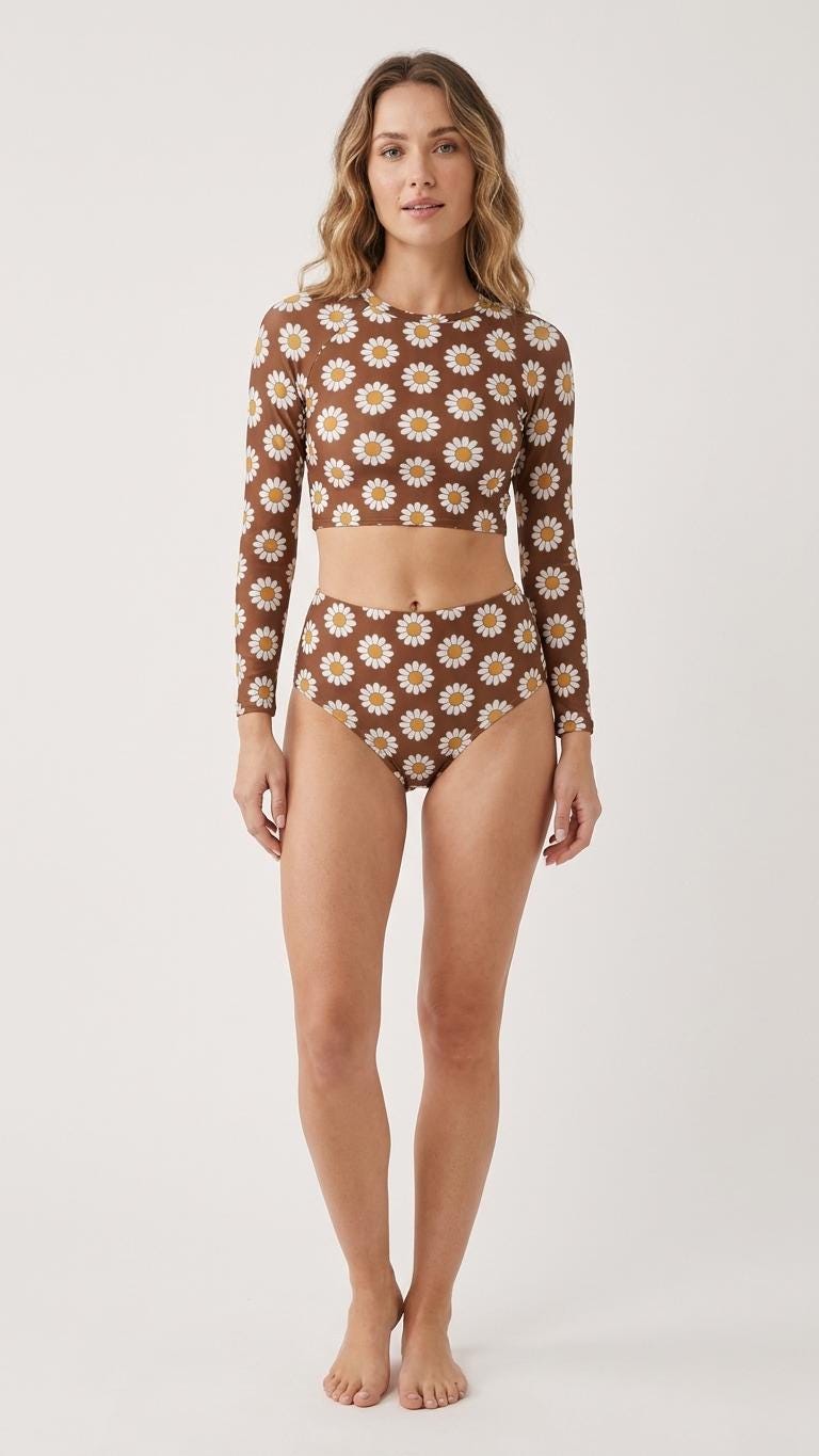 Mid-Century Mod Florals Retro Long-Sleeve Rash-Guard Bikini | Two-Piece Swimsuit with High-Waisted Bottoms | Brown
