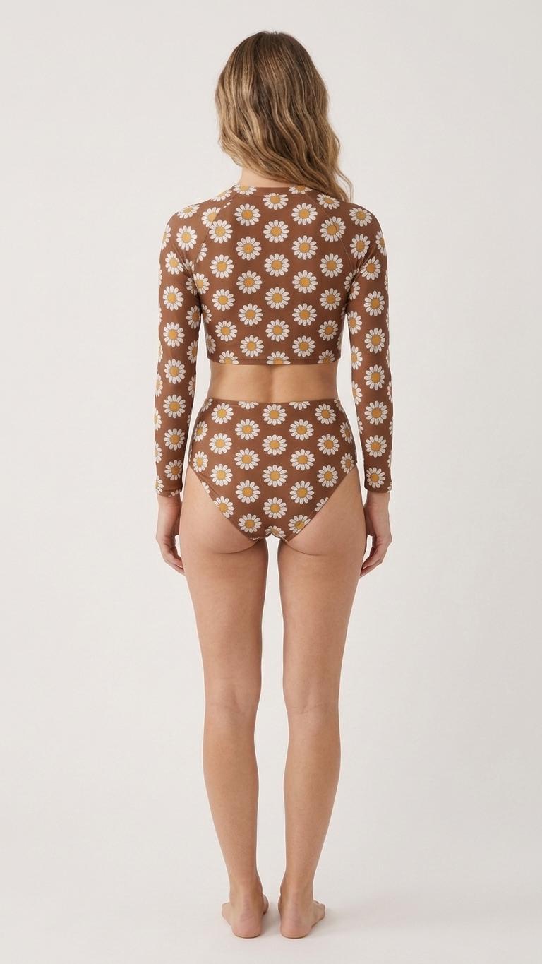 Mid-Century Mod Florals Retro Long-Sleeve Rash-Guard Bikini | Two-Piece Swimsuit with High-Waisted Bottoms | Brown